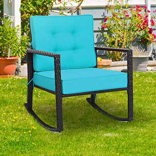 RELAX4LIFE Wicker Outdoor Rocking Chair - All Weather Rattan Rocker Patio Chair w/Steel Frame Removable Cushions & Armrest, Rocker Chair Outdoor Furniture for Backyard Porch Poolside (1, Turquoise)