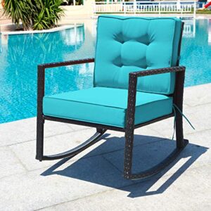 RELAX4LIFE Wicker Outdoor Rocking Chair - All Weather Rattan Rocker Patio Chair w/Steel Frame Removable Cushions & Armrest, Rocker Chair Outdoor Furniture for Backyard Porch Poolside (1, Turquoise)