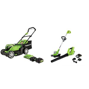 greenworks 2 x 24v (48v) 17″ cordless lawn mower, (2) 4.0ah usb batteries (usb hub) & 24v cordless string trimmer and blower combo pack, 2ah battery and charger included stba24b210