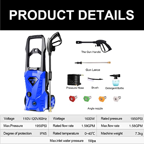 WHOLESUN WS 3000 Electric Pressure Washer 1.58GPM Power Washer 1600W High Pressure Cleaner Machine with 4 Nozzles Foam Cannon for Cars, Homes, Driveways, Patios (Blue)