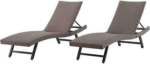 Ulax Furniture Outdoor Wicker Chaise Lounge Adjustable Padded Patio Reclining Chaise Lounger Chairs with Non-Rust Aluminum Frame and Wheels, Set of 2