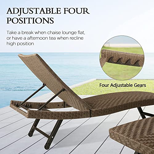 Ulax Furniture Outdoor Wicker Chaise Lounge Adjustable Padded Patio Reclining Chaise Lounger Chairs with Non-Rust Aluminum Frame and Wheels, Set of 2