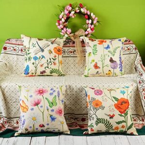 ONWAY Spring Summer Outdoor Waterproof Pillow Covers 20x20 Inch Set of 4 Floral Farmhouse Throw Pillows Decorative Cushion Cases for Outdoor Couch Sofa Patio Furniture Home Decoration