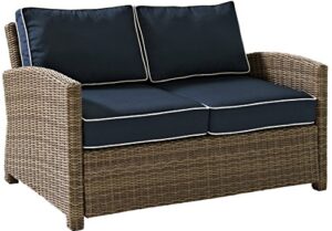 crosley furniture ko70022wb-nv bradenton outdoor wicker loveseat, brown with navy cushions
