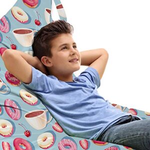 lunarable donut lounger chair bag, repeated glazed doughnuts coffee cups and fruits pattern illustration, high capacity storage with handle container, lounger size, pale blue pink eggshell