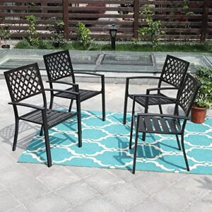 MFSTUDIO Black Metal Patio Stacking Chairs Wave Back Indoor Outdoor Dining Set Wrought Iron Chair with Arm, Set of 6