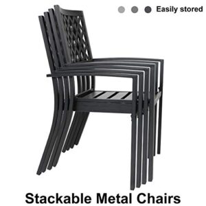 MFSTUDIO Black Metal Patio Stacking Chairs Wave Back Indoor Outdoor Dining Set Wrought Iron Chair with Arm, Set of 6