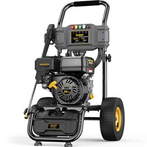 blubery 3500psi gas pressure washer, 13” pneumatic anti-skid tires, 50ft hose&soap container, 2.6gpm 212cc power washer, 5 adjustable nozzles, carb&epa cert