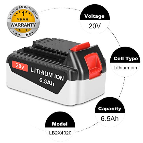 KUNLUN 6.5Ah 20-Volt LB2X4020 Replacement Battery Compatible for Black and Decker 20V Lithium Battery MAX LBXR20 LB20 LBX20 LBXR2020-OPE LBXR20B-2 LBX4020 LST220