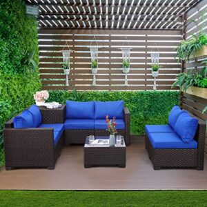 patio pe wicker furniture set 6 piece outdoor brown rattan sectional loveseat couch conversation sofa chair with storage box and glass top coffee table, non-slip royal blue cushion