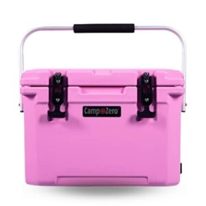 camp-zero 20l | 21.13 quart premium cooler with 4 molded-in cup holders & folding aluminum handle | thick walled, freezer grade cooler w/secure locking system & tie down channels (pink)