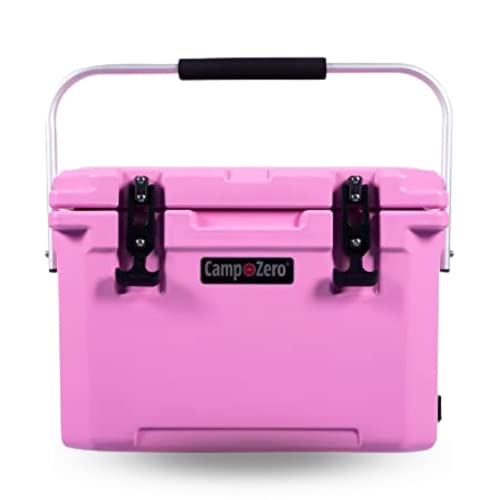 CAMP-ZERO 20L | 21.13 Quart Premium Cooler with 4 Molded-in Cup Holders & Folding Aluminum Handle | Thick Walled, Freezer Grade Cooler w/Secure Locking System & Tie Down Channels (Pink)