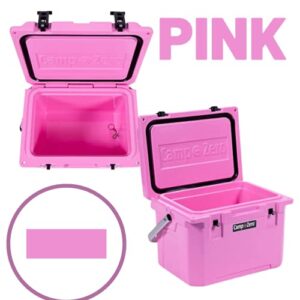 CAMP-ZERO 20L | 21.13 Quart Premium Cooler with 4 Molded-in Cup Holders & Folding Aluminum Handle | Thick Walled, Freezer Grade Cooler w/Secure Locking System & Tie Down Channels (Pink)