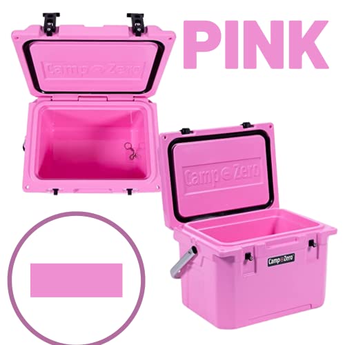 CAMP-ZERO 20L | 21.13 Quart Premium Cooler with 4 Molded-in Cup Holders & Folding Aluminum Handle | Thick Walled, Freezer Grade Cooler w/Secure Locking System & Tie Down Channels (Pink)