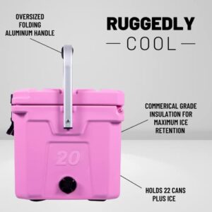 CAMP-ZERO 20L | 21.13 Quart Premium Cooler with 4 Molded-in Cup Holders & Folding Aluminum Handle | Thick Walled, Freezer Grade Cooler w/Secure Locking System & Tie Down Channels (Pink)
