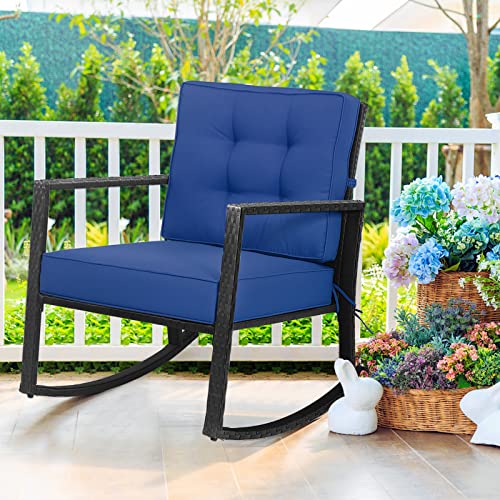 Hysache Patio Rocking Chair, Rattan Wicker Rocking Armchair Chair w/Thick Cushion & Steel Frame, Outdoor Wicker Furniture Seat for Poolside Garden Porch Backyard (Navy)