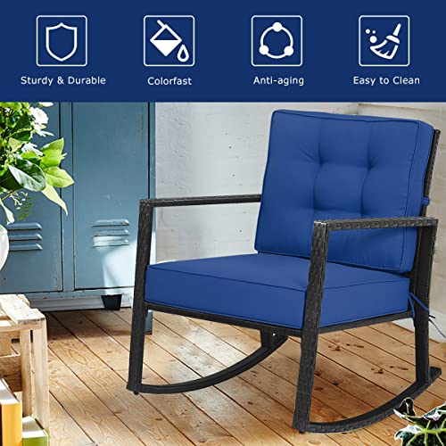 Hysache Patio Rocking Chair, Rattan Wicker Rocking Armchair Chair w/Thick Cushion & Steel Frame, Outdoor Wicker Furniture Seat for Poolside Garden Porch Backyard (Navy)