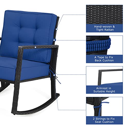 Hysache Patio Rocking Chair, Rattan Wicker Rocking Armchair Chair w/Thick Cushion & Steel Frame, Outdoor Wicker Furniture Seat for Poolside Garden Porch Backyard (Navy)