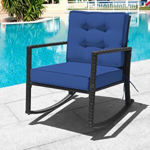 Hysache Patio Rocking Chair, Rattan Wicker Rocking Armchair Chair w/Thick Cushion & Steel Frame, Outdoor Wicker Furniture Seat for Poolside Garden Porch Backyard (Navy)