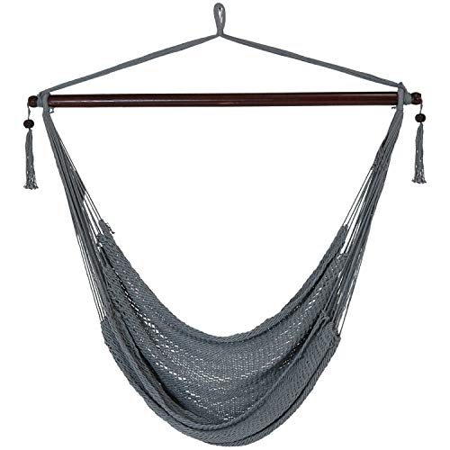 Sunnydaze Hanging Caribbean XL Hammock Chair - Modern Boho-Style Soft-Spun Polyester Rope Hammock Chair Swing - Gray - Ideal for Yard, Balcony, Garden and Other Outdoor Living Spaces