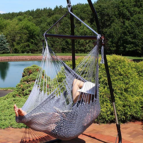 Sunnydaze Hanging Caribbean XL Hammock Chair - Modern Boho-Style Soft-Spun Polyester Rope Hammock Chair Swing - Gray - Ideal for Yard, Balcony, Garden and Other Outdoor Living Spaces