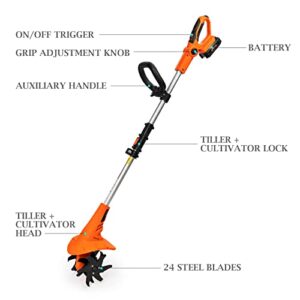 Ukoke Cordless Tiller Cultivator 20V 2.5 A Battery 280 max RPM Powered Tiller Cultivator, w/24 Steel Blade Cultivate Max Tilling 5'' deep Path by 7.8'' Wide, Orange, ST1902