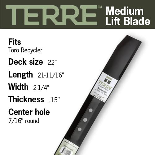 Terre Products, Single Medium Lift Lawn Mower Blade, 22 Inch Decks, Compatible with Toro Recycler, Replacement for 104-8697-03, 108-9764-03, 131-4547-03