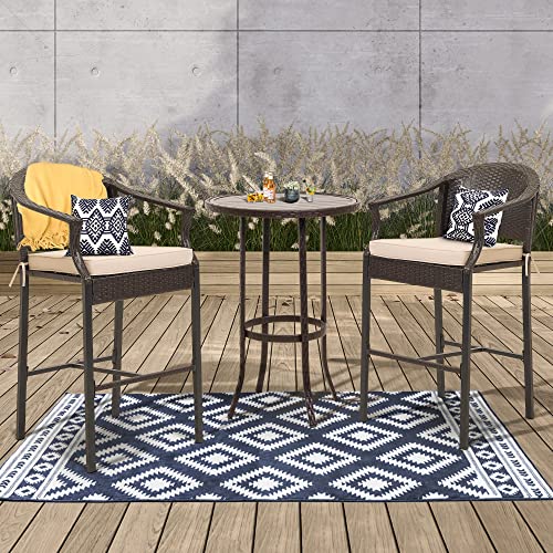 IJIALIFE Outdoor Wicker Bar Stools, 3 Pcs Patio Bar Height Bistro Chair Outdoor Patio Furniture Sets Wicker Conversation Set for Backyard Balcony Poolside,White