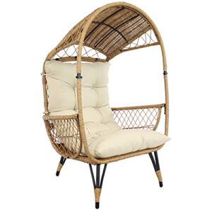 sunnydaze shaded comfort wicker outdoor egg chair with legs – plush polyester cushion – 250-pound weight capacity – for patio, front porch, or backyard – beige