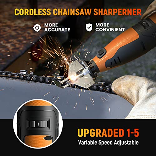 Seesii Cordless Chainsaw Sharpener, Electric Handheld Chainsaw Sharpening Kit, Multi-Function High Speed Chain Saw Sharpen Tool Set Battery Powered with 12pcs Sharpening Wheels, Angle Attachment