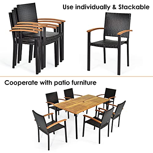 Tangkula 4 Pieces Stackable Patio Rattan Chair, Outdoor PE Wicker Dining Armchair W/Galvanized Steel Frame, Acacia-Topped Armrests, Indoor & Outdoor Wicker Chair for Patio Table, Yard (2, Mix Brown)