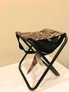 mossy oak field hunting stool. foldable with under seat storage compartment with carry strap for quick transport. supports up to 225 lbs. 16 inches tall by 14 inches wide.
