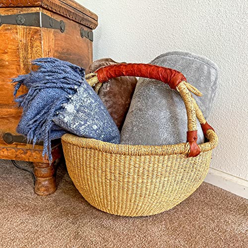 Deluxe Round Natural African Basket - Large 16" Round - by market women in Bolgatanga, Ghana with Africa Heartwood Project - GBLRN (Flat-packed)