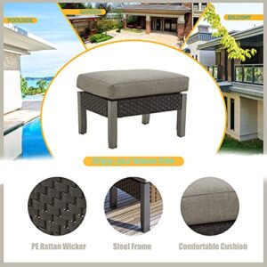 LOKATSE HOME Outdoor Wicker Ottoman Patio Rattan Furniture Metal Footrest Seat Square Footstool with Cushion