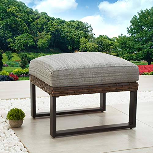 LOKATSE HOME Outdoor Ottoman Footstool Wicker Small Seat Patio Rattan Furniture with Soft Thick Cushion, U Shaped Steel Legs, Gray