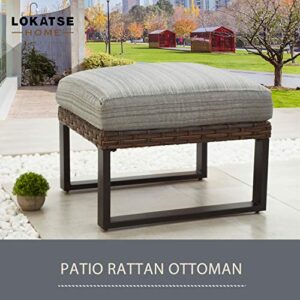 LOKATSE HOME Outdoor Ottoman Footstool Wicker Small Seat Patio Rattan Furniture with Soft Thick Cushion, U Shaped Steel Legs, Gray