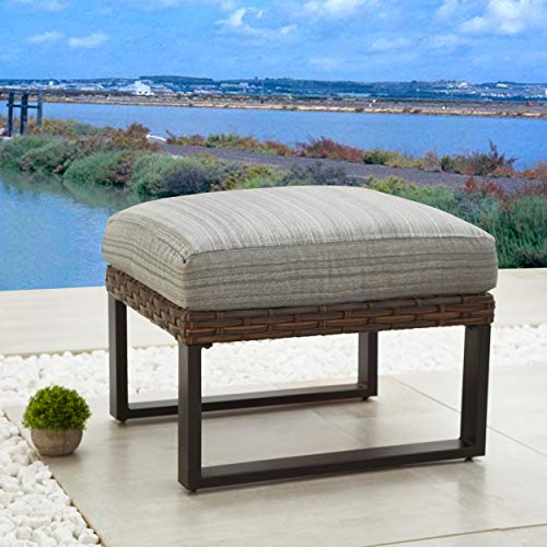 LOKATSE HOME Outdoor Ottoman Footstool Wicker Small Seat Patio Rattan Furniture with Soft Thick Cushion, U Shaped Steel Legs, Gray