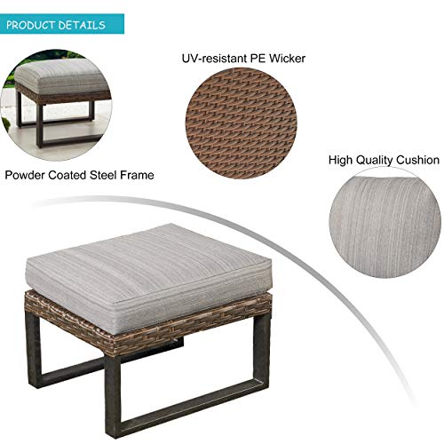 LOKATSE HOME Outdoor Ottoman Footstool Wicker Small Seat Patio Rattan Furniture with Soft Thick Cushion, U Shaped Steel Legs, Gray