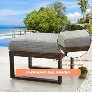 LOKATSE HOME Outdoor Ottoman Footstool Wicker Small Seat Patio Rattan Furniture with Soft Thick Cushion, U Shaped Steel Legs, Gray