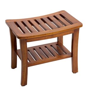 the teaky hut teak wood waterproof shower bench – with shelf, 21 inch, wooden seat stool for bathroom, spa, garden, fully assembled