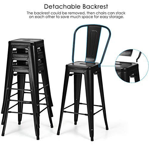 LIVIZA 30" High Back Metal Bar Stools Set of 4, Modern Industrial Kitchen Dining Bar Chairs, Indoor Outdoor Bar Stools with Back, Stackable Counter Height Stools for Kitchen, Dining Room, Bistro