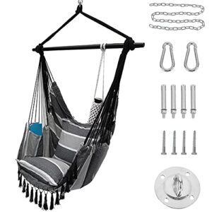 project one hanging rope hammock chair, hanging rope swing seat with 2 pillows, carrying bag, and hardware kit perfect for outdoor/indoor yard deck patio and garden, 300 pound capacity (grey stripe)