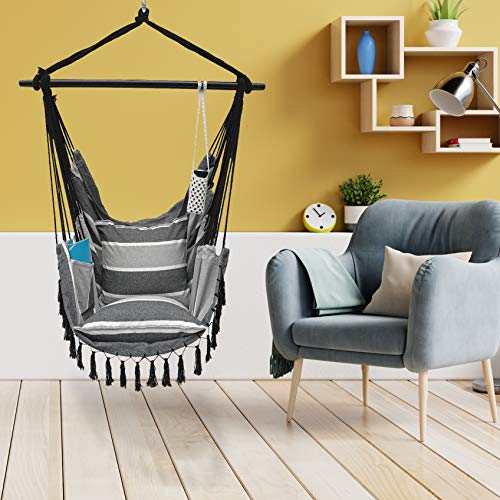 Project One Hanging Rope Hammock Chair, Hanging Rope Swing Seat with 2 Pillows, Carrying Bag, and Hardware Kit Perfect for Outdoor/Indoor Yard Deck Patio and Garden, 300 Pound Capacity (Grey Stripe)