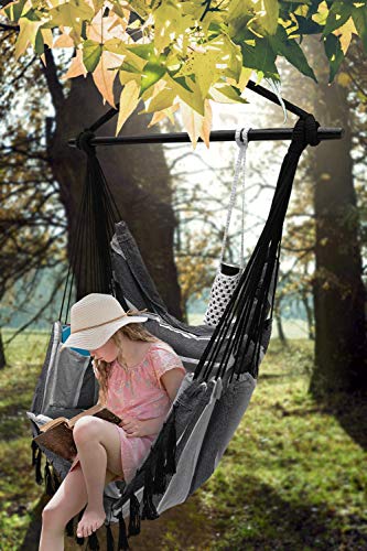 Project One Hanging Rope Hammock Chair, Hanging Rope Swing Seat with 2 Pillows, Carrying Bag, and Hardware Kit Perfect for Outdoor/Indoor Yard Deck Patio and Garden, 300 Pound Capacity (Grey Stripe)