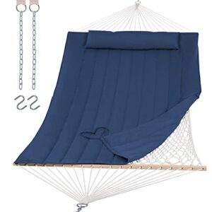 suncreat hammocks outdoor double hammock with hardwood spreader bar, 475 lbs capacity, heavy duty 15 ft hammock with large soft pillow, dark blue
