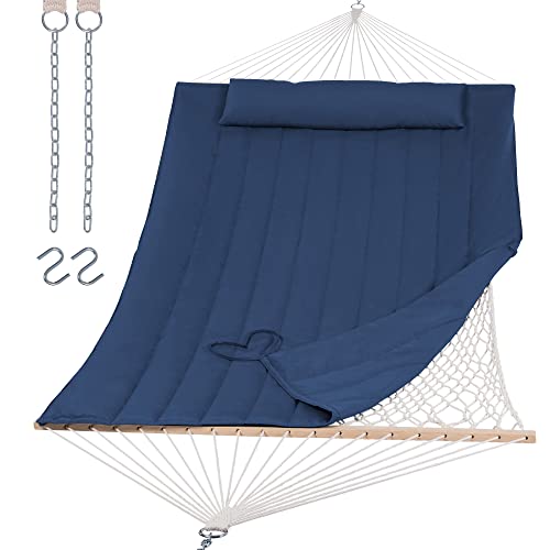 SUNCREAT Hammocks Outdoor Double Hammock with Hardwood Spreader Bar, 475 lbs Capacity, Heavy Duty 15 FT Hammock with Large Soft Pillow, Dark Blue