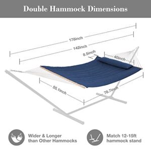 SUNCREAT Hammocks Outdoor Double Hammock with Hardwood Spreader Bar, 475 lbs Capacity, Heavy Duty 15 FT Hammock with Large Soft Pillow, Dark Blue