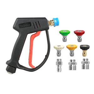 sooprinse high pressure washer gun 4000psi, high pressure spray gun with 5 quick connect nozzles,g1/4 quick connector outlet with 3 pcs inlet adapters g3/8 quick connector, m22-14mm, m22-15mm