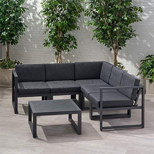 Noble House Navan 6 Piece Outdoor Aluminum Sectional Sofa Set in Dark Gray