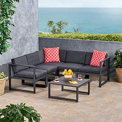 Noble House Navan 6 Piece Outdoor Aluminum Sectional Sofa Set in Dark Gray